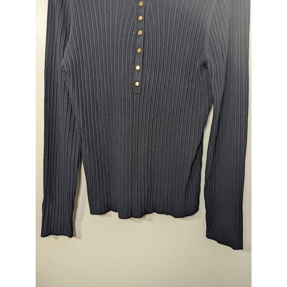 Chico's Size 3 Pullover Knit Sweater Vneck Snap accent Long Sleeve Navy … - Picture 2 of 11